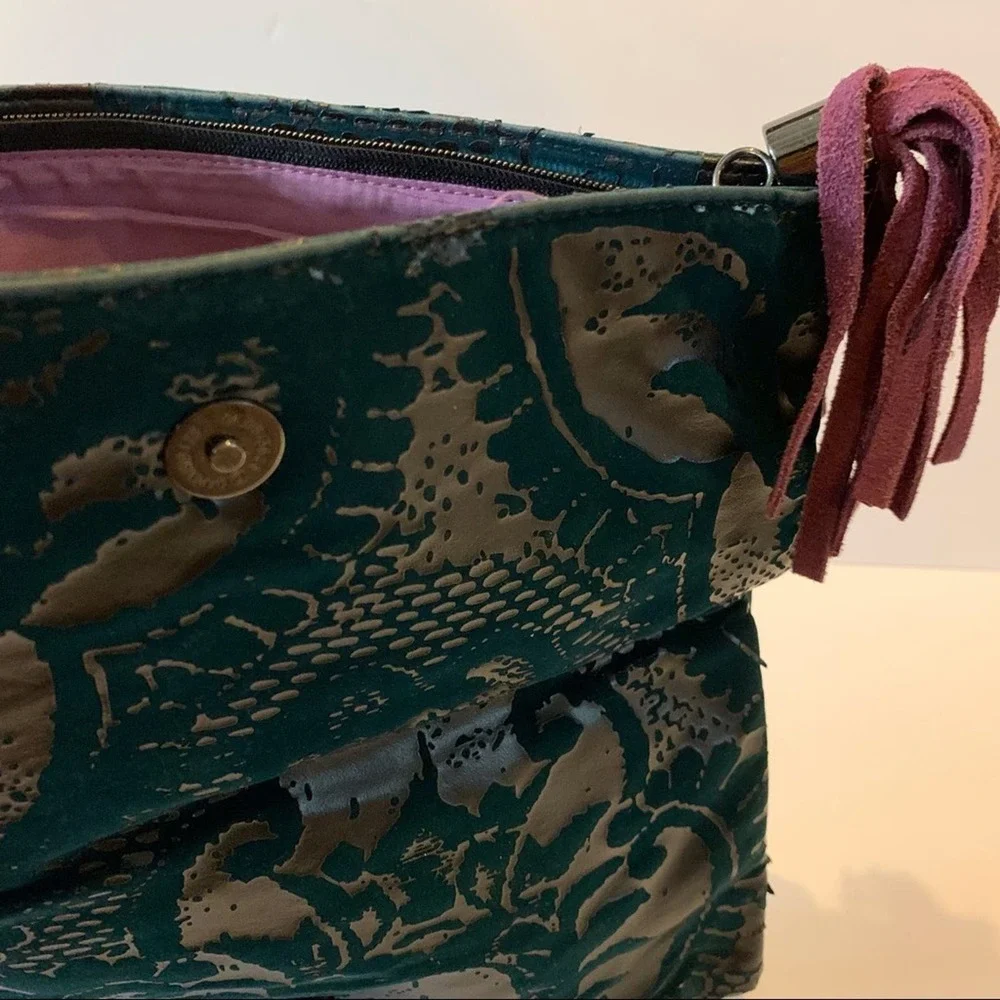 EUC The Limited Teal and Greige Velvet Damask Pouch Clutch Evening Bag Purse‎